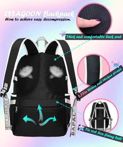 Vista 6 de Mochila para mujeres, adolescentes, niños y niñas, resistente al agua, casual, para laptop con puerto de carga USB, bonita bolsa para viajes