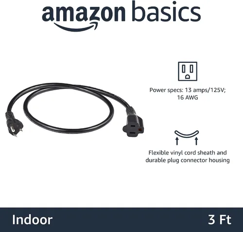 Vista 2 de Amazon Basics - Cable de extensión de 3 pies, extensor de toma de 3 clavijas, cable de extensión para interiores, 13 amperios, 125V, color negro