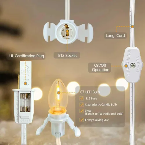 Vista 4 de KGC - Paquete de 4 cables de accesorios con bombilla LED C7, blanco cálido 2700K, 6 pies Indoor Blow Mold Light Cord with Plug On/Off Switch for