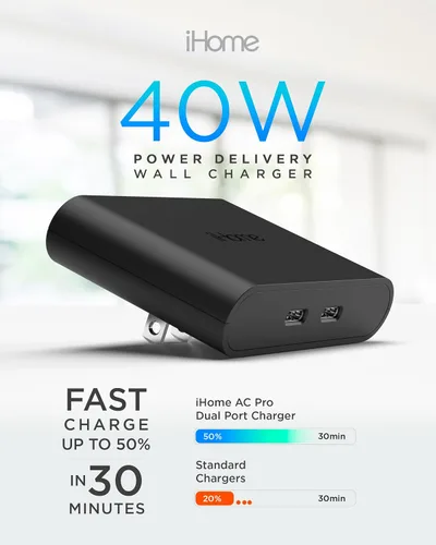 Vista 3 de iHome Cargador USB-C multipuerto de 40 W, bloque plano de 2 puertos AC Pro, adaptador de pared de carga rápida dual Foldable Prongs, Fast