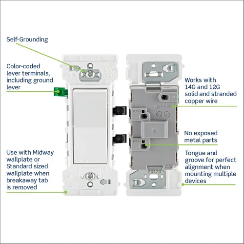 Vista 4 de Leviton Lever Edge - Interruptor basculante de un solo polo de 15 amperios, paquete de 10, E5601-MW, color blanco