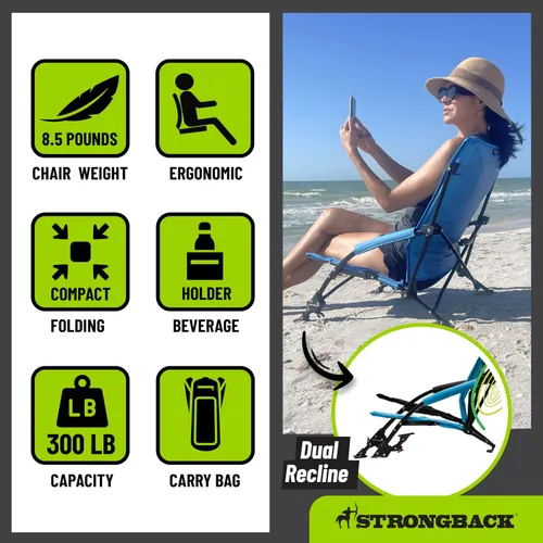 Vista 6 de STRONGBACK Sillas de playa – Silla de playa portátil reclinable de baja gravedad – con soporte lumbar integrado, sillas de playa plegables