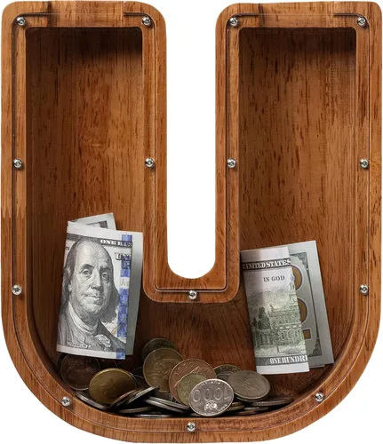 Vista 29 de Alcancía para niños y niñas, alcancía de madera con letra grande del alfabeto con inicial A, banco de monedas, regalos divertidos para cumpleaños