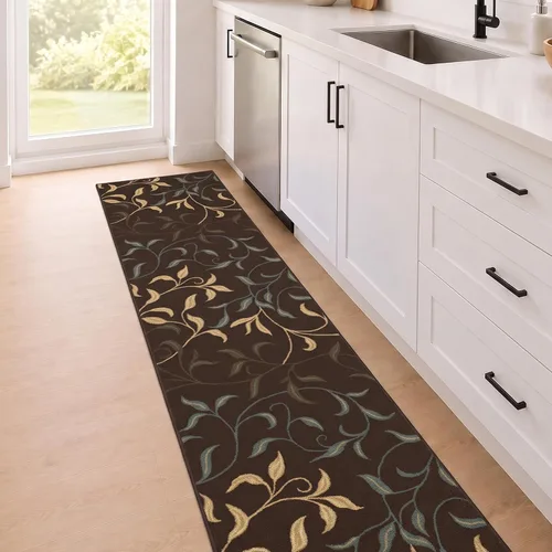 Vista 41 de Ottomanson, colección OttoHome, tapete para corredor con diseño azul claro y damasco (antiderrapante), parte trasera de goma Floral Beige