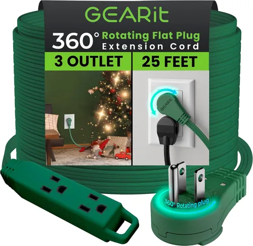 Vista 40 de GEARit Cable de extensión de enchufe plano giratorio de 360° de 3 pies, cable de alimentación de perfil bajo de 3 salidas, ahorro de espacio