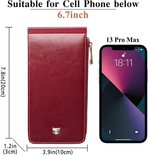 Vista 5 de FOXLOVER Portatarjetas de crédito múltiples para mujer, con bloqueo RFID, cartera de cuero para mujer con bolsillo con cremallera, rojo vino