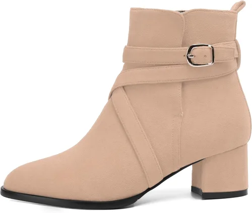 Vista 5 de NUMALEO Botas altas de ante con hebilla para mujer, estilo casual, punta redonda, tacón bajo y grueso, 2 pulgadas