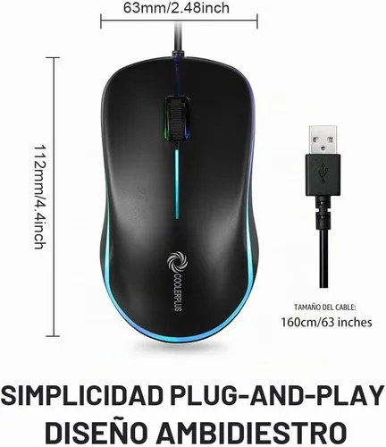 Vista 6 de COOLERPLUS FC112 - Mouse óptico USB con cable para computadora con fácil clic para oficina y hogar, 1000 DPI, premium y portátil, compatible con PC