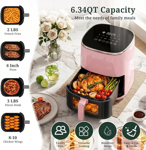 Vista 3 de Freidora de aire, freidora de aire de 6 cuartos con ventana de visión, horno freidora de aire digital 12 en 1, calentamiento rápido de 400 °F, cesta