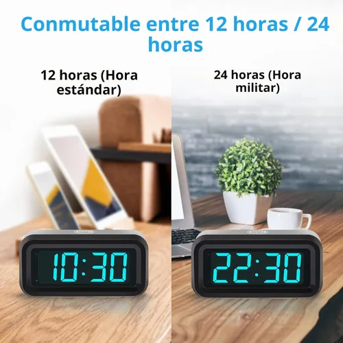 Vista 5 de Reloj despertador digital, funciona con pilas, con pantalla LED para dormitorios, larga duración de batería, brillo ajustable en 3 niveles, 12/24