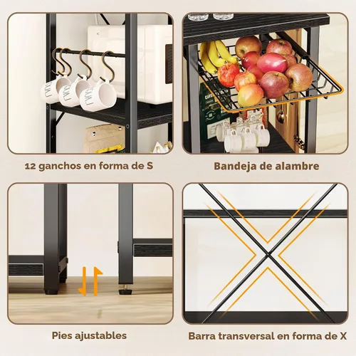 Vista 7 de SUPERJARE Estante grande de panadería con tomas de corriente, soporte para microondas de 6 niveles, barra de café con 12 ganchos en forma de S