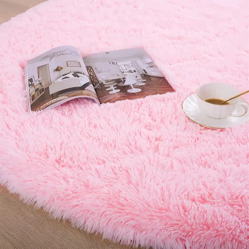 Vista 5 de Alfombra redonda rosa para dormitorio, alfombra circular esponjosa de 4 pies para habitación de los niños, alfombra suave antideslizante, alfombra