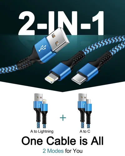 Vista 2 de Cable de carga múltiple 2 en 1, de 4 pies de largo, cable de carga múltiple USB a Lightning y puerto tipo C Apple y Android, cable de carga trenzado