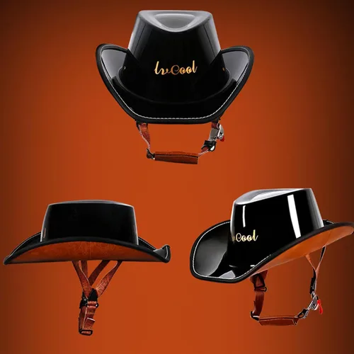 Vista 7 de Medio casco retro con cara abierta, estilo sombrero de vaquero, aprobado por DOT, hebilla y forro de liberación rápida para adultos