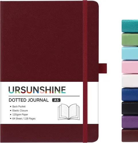 Vista 66 de Cuaderno punteado, diario, 5.3 x 8.26 pulgadas, tapa dura, prémium, papel grueso, doble espiral, bandas, cuero negro sintético, lazo para bolígrafo