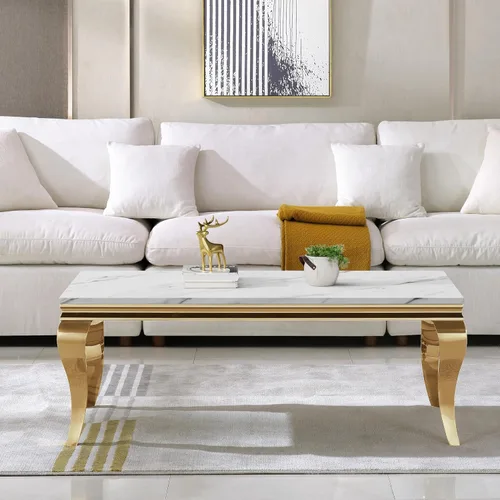 Vista 5 de SSLine Moderna mesa de centro de 1 pieza para sala de estar, mesa de centro de lujo de mármol sintético con patas de acero inoxidable en forma de S