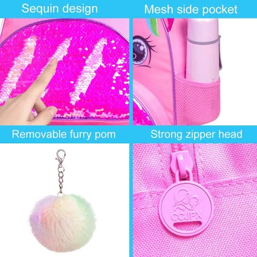 Vista 5 de Mochila de unicornio para niñas bonita mochila preescolar y lonchera para niños pequeños bonita mochila escolar de lentejuelas para niños pequeños