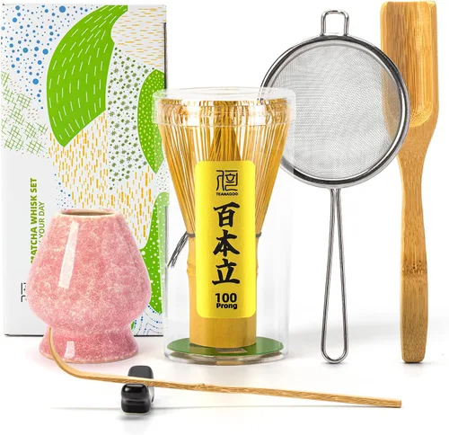 Vista 17 de TEANAGOO Set de Batidor de Matcha, Batidor de Bambú Matcha (100 puntas) con Soporte Negro, Set de Inicio Tradicional de 6 Piezas, Cuchara