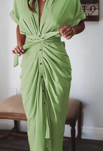 Vista 5 de Vestido largo camisero de manga corta con botones y cinturón para mujer, elegante, de satén