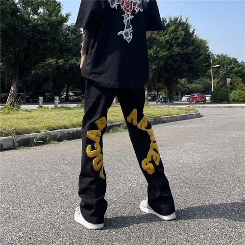 Vista 3 de Pantalones de mezclilla para hombre con estampado callejero, sueltos, estilo hip hop, rectos, vintage, holgados, pantalones largos, ropa de calle