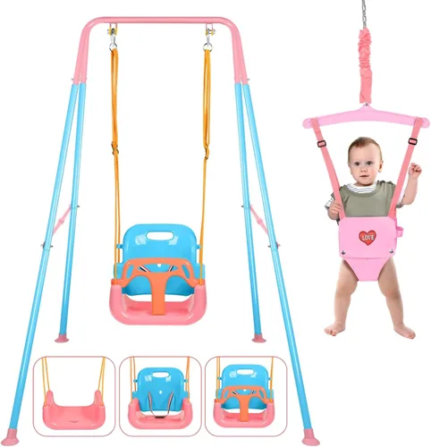 Vista 9 de Juego de columpio 4 en 1 para niños pequeños y jersey para bebé, columpio resistente para niños con rebotador, soporte plegable de metal