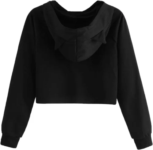 Vista 3 de Sudadera SweatyRocks corta con capucha, manga larga, con estampado de gato, para mujer
