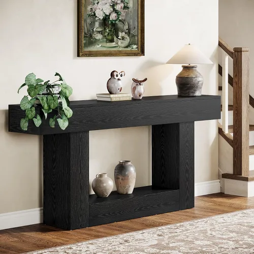 Vista 5 de Tribesigns Mesa consola de 63 pulgadas, mesa de entrada de 2 niveles con base en forma de U, mesa de sofá estrecha y larga de madera detrás del sofá