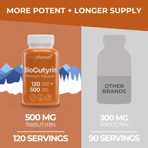 Vista 3 de BioGutyrin - Tributirina 500 mg, suplemento postbiótico para la función intestinal y absorción de nutrientes, 120 cápsulas vegetarianas, ácido