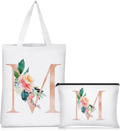 Vista 19 de Sanwuta 2 bolsas de lona con inicial, diseño floral con letras florales, bolsas de cosméticos de viaje, bolsas con monograma para mujer, mujer
