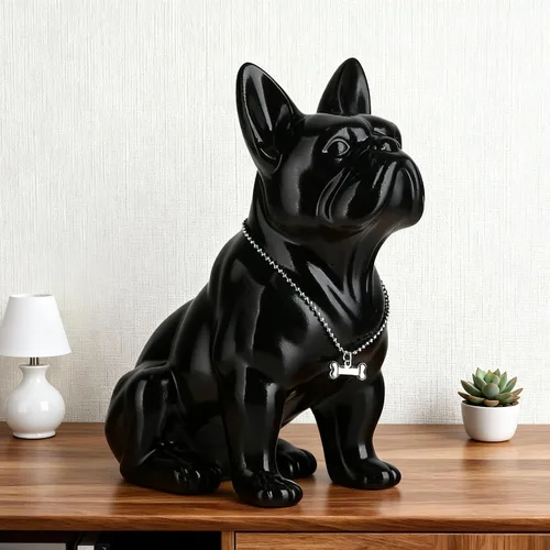 Vista 5 de Estatua negra de bulldog francés, estatua de pug sentado de resina, escultura de bulldog inglés para decoración del hogar, decoración de escritorio