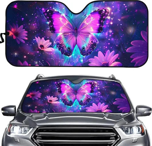 Vista 23 de HUGS IDEA Parasol plegable para parabrisas de automóvil, diseño de flores, bohemio, para la mayoría de los sedán, SUV, camión, parabrisas delantero