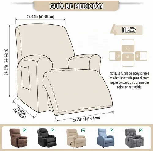Vista 6 de TAOCOCO Funda reclinable de 4 piezas, funda elástica para sofá reclinable de 4 piezas, funda reclinable con 1 asiento, protector de sofá suave