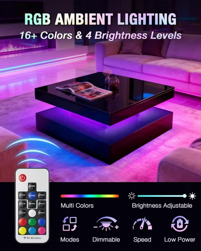 Vista 4 de FKWin Mesas de centro negras para sala de estar, mesa de centro LED con luces, moderna mesa de centro negra con superficie de alto brillo, mesa