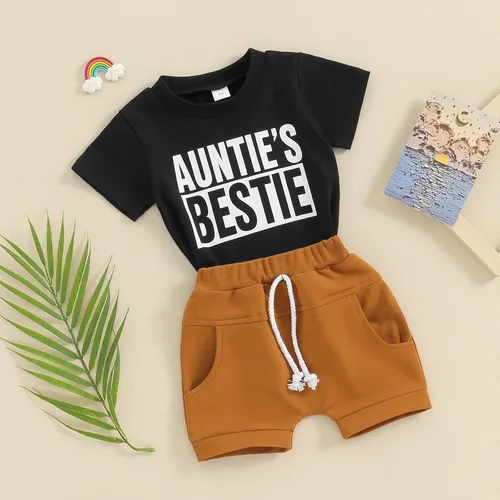 Vista 2 de Newbgclo Ropa de verano para bebé niño y niña, camiseta de manga corta con estampado de letras, camiseta de manga corta, pantalones cortos