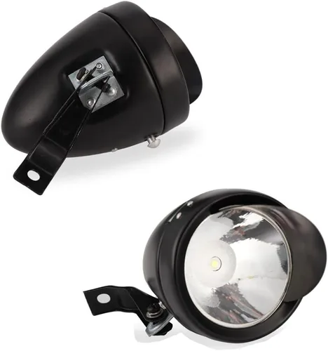 Vista 6 de con ala delantera cromo metal Shell clásico brillante bicicleta faro retro vintage bicicleta luz LED jinete ciclismo niebla cabeza lámpara