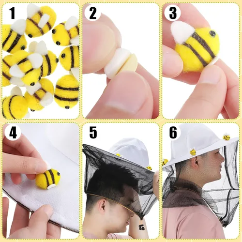 Vista 4 de Unittype Juego de 22 piezas de disfraz de apicultor de Halloween que incluye 2 sombreros de guarda de abejas y velo, 10 abejas de fieltro de lana