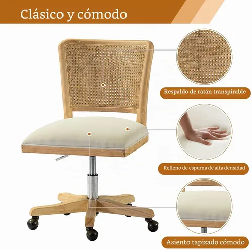 Vista 4 de HULALA Silla de oficina en casa, silla de escritorio de ratán con respaldo Beige