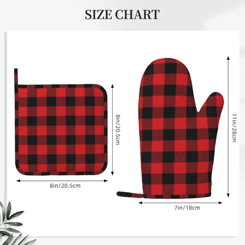 Vista 3 de Manoplas de horno y soportes para ollas a cuadros de búfalo negro y rojo, juego de 4 piezas, guantes de horno de silicona a cuadros negros y rojos
