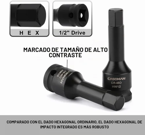 Vista 4 de CASOMAN Juego de brocas hexagonales de impacto Drive Master de 1/2 pulgada, destornillador hexagonal, SAE/métrico, 1/4" - 3/4", 0.236 in - 0.748 in