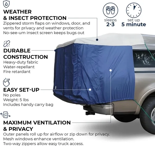 Vista 5 de DAC DA2 Tienda de campaña de tamaño completo para caja de camioneta con tapa - Compatible con Ford F-150, Chevy Silverado, Toyota Tundra, Tacoma
