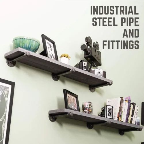 Vista 3 de Pipe Decor Soportes industriales para estantes – Juego de dos, accesorios industriales de acero gris hierro, bridas y tubos para estantes flotantes