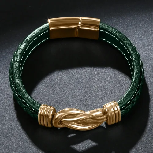 Vista 4 de Pulsera de cuero para hombre, pulsera de acero inoxidable, hebilla magnética para hombre