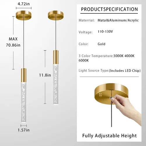 Vista 4 de Moderna lámpara colgante dorada, 1 luz LED colgante de 3 colores, cable acrílico, luces colgantes de techo ajustables para cocina, isla, sala
