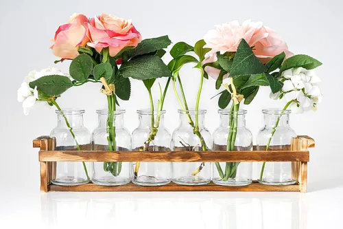 Vista 4 de Hermoso jarrón de cristal con soporte de madera para plantas y 6 jarrones de brotes, botellas de vidrio decorativas para decoración del hogar