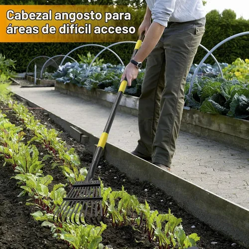 Vista 3 de Rastrillo de hojas de jardín para césped resistente, rastrillo de metal para patio con cabezal pequeño y estrecho de 9 pulgadas, mango largo