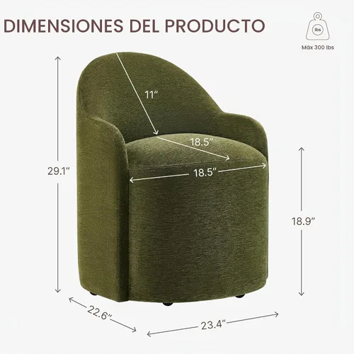 Vista 2 de KISLOT Sillas de comedor tapizadas con ruedas, sillas de comedor modernas sin montaje, silla de tocador con 5 ruedas y respaldo redondo para Verde