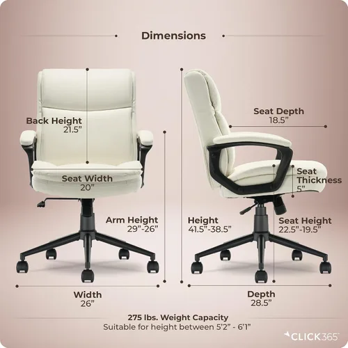 Vista 3 de Transform 2.0 Silla de oficina ergonómica, silla de escritorio con respaldo medio con brazos acolchados, soporte lumbar, altura ajustable, Blanco