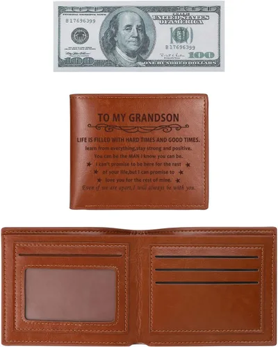 Vista 3 de YDJFCCTD Carteras de cuero grabadas para nietos y hombres, billeteras grabadas para hombre, regalos de cumpleaños para nieto, Grandson, Genial