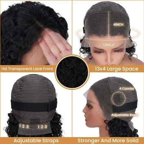 Vista 4 de Pelucas con malla frontal de onda profunda 13x4, cabello humano pre-sacado, 180% de densidad, 9A, sin pegamento, pelucas de cabello humano mojadas