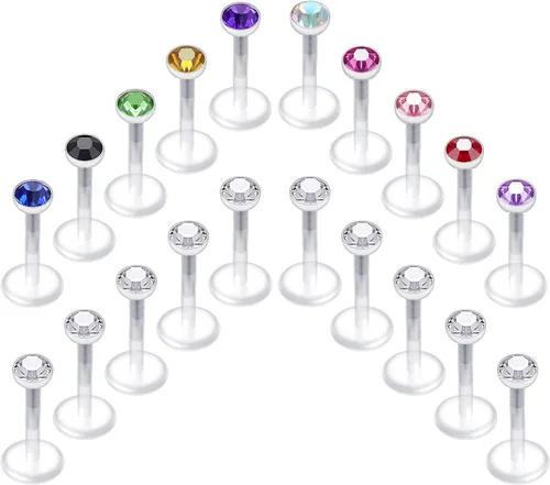 Vista 6 de D.Bella Aretes transparentes de 0.71 oz y 0.56 oz para nariz, cartílago, plástico invisible, tragus, labret, hélice, piercing retenedor